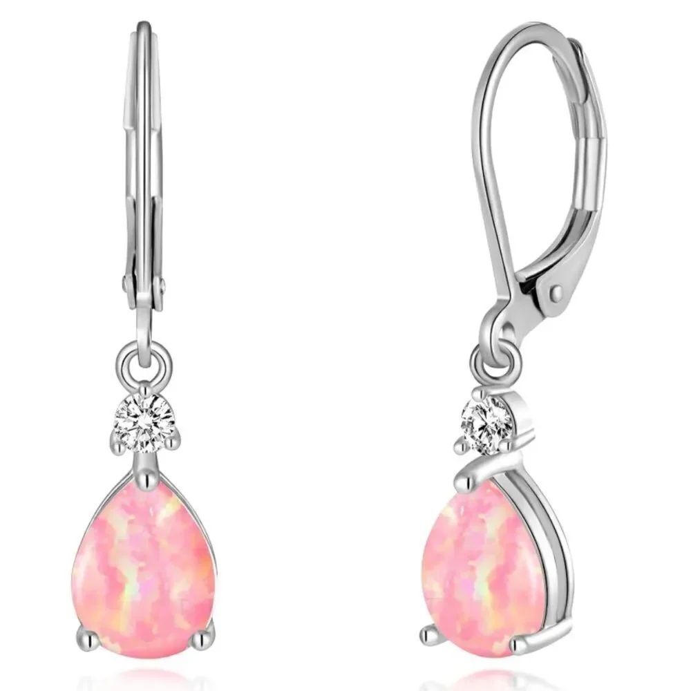 14K White Gold with Genuine Pink Fire Opal and CZ Teardrop Leverback Earrings